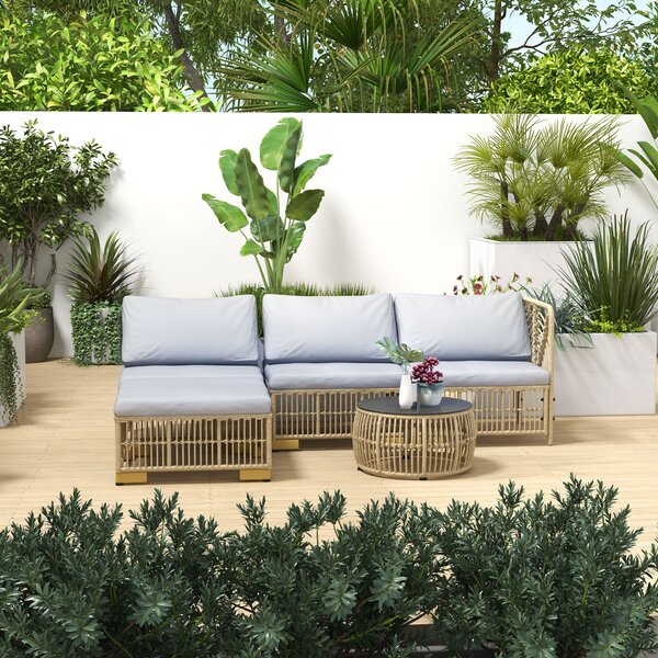 Outsunny Set 5 pezzi salotto da giardino basso modulabile per 4 persone in resina intrecciata effetto rattan