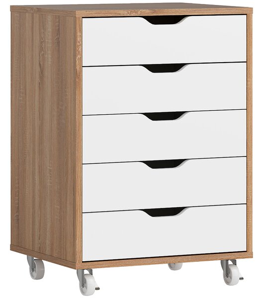 Vinsetto Cassettiera da ufficio mobile, mobiletto portaoggetti su ruote, 5 cassetti, 47,5 x 39,5 x 67,5 cm, bianco e rovere | Aosom Italy