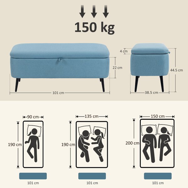 HOMCOM Panca contenitore con coperchio ribaltabile e gambe in acciaio per camera da letto soggiorno ingresso 101x38,5x44,5 cm Blu Chiaro | Aosom Italy