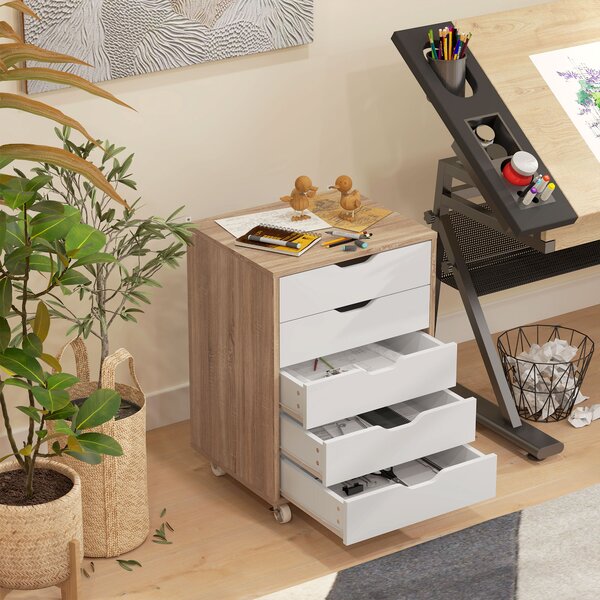 Vinsetto Cassettiera da ufficio mobile, mobiletto portaoggetti su ruote, 5 cassetti, 47,5 x 39,5 x 67,5 cm, bianco e rovere | Aosom Italy