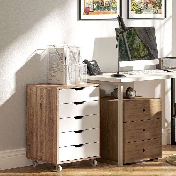 Vinsetto Cassettiera da ufficio mobile, mobiletto portaoggetti su ruote, 5 cassetti, 47,5 x 39,5 x 67,5 cm, bianco e rovere | Aosom Italy