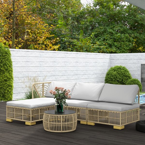 Outsunny Set 5 pezzi salotto da giardino basso modulabile per 4 persone in resina intrecciata effetto rattan