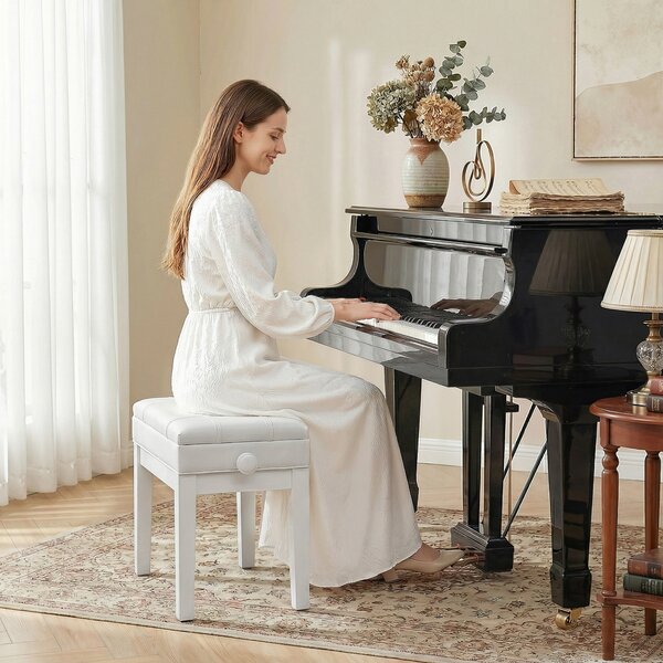 HOMCOM Panca sgabello seduta per pianoforte vano integrato altezza regolabile legno hévéa seduta rivestimento sintetico bianco | Aosom Italy