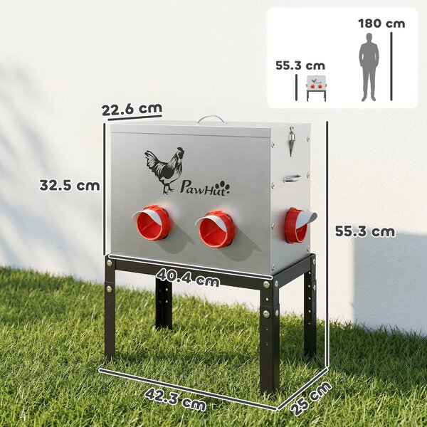 PawHut Distributore automatico per polli 18 kg capacità con coperchio bloccabile gambe regolabili 6 aperture 42,3x25x55,3 cm Argento | Aosom Italy