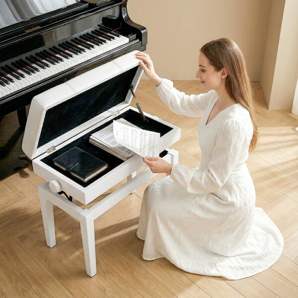 HOMCOM Panca sgabello seduta per pianoforte vano integrato altezza regolabile legno hévéa seduta rivestimento sintetico bianco | Aosom Italy