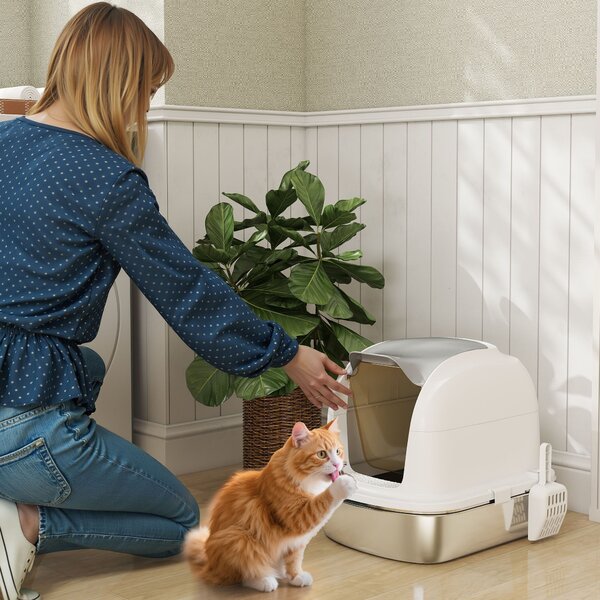 PawHut Lettiera in acciaio inox con coperchio, toilette per gatti con vaschetta, paletta, per gatto fino a 5 kg, 52,4 x 41,3 x 42 cm, Bianco | Aosom Italy