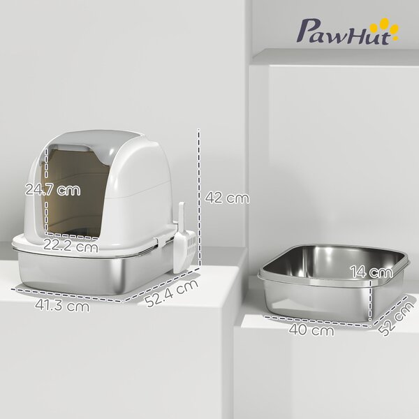 PawHut Lettiera in acciaio inox con coperchio, toilette per gatti con vaschetta, paletta, per gatto fino a 5 kg, 52,4 x 41,3 x 42 cm, Bianco | Aosom Italy