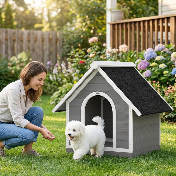 PawHut Cuccia per Cane da Esterno Casa per Cane Corpo Completamente Apribile per Pulizia Facile 84x101x86 cm Grigio e Bianco | Aosom Italy