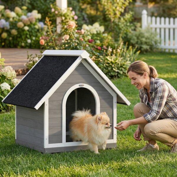 PawHut Cuccia per Cane da Esterno Casa per Cane Corpo Completamente Apribile per Pulizia Facile 84x101x86 cm Grigio e Bianco | Aosom Italy