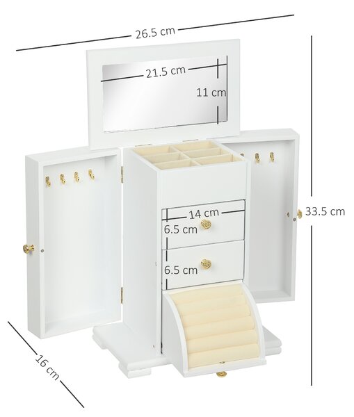 HOMCOM Portagioie Donna a 4 Livelli, Cofanetto in Legno con Ali, Specchio e 2 Cassetti, 26,5x16 x33,5 cm, Bianco | Aosom Italy