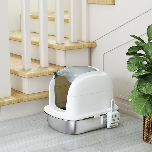PawHut Lettiera in acciaio inox con coperchio, toilette per gatti con vaschetta, paletta, per gatto fino a 5 kg, 52,4 x 41,3 x 42 cm, Bianco | Aosom Italy