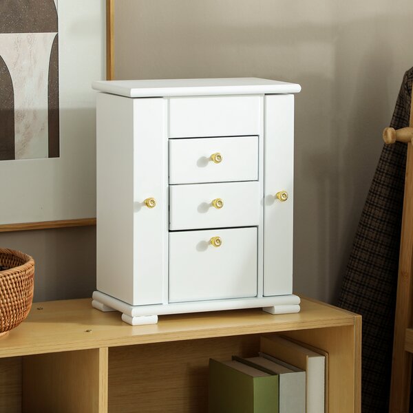 HOMCOM Portagioie Donna a 4 Livelli, Cofanetto in Legno con Ali, Specchio e 2 Cassetti, 26,5x16 x33,5 cm, Bianco | Aosom Italy