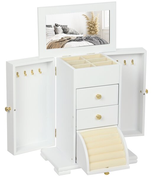 HOMCOM Portagioie Donna a 4 Livelli, Cofanetto in Legno con Ali, Specchio e 2 Cassetti, 26,5x16 x33,5 cm, Bianco | Aosom Italy