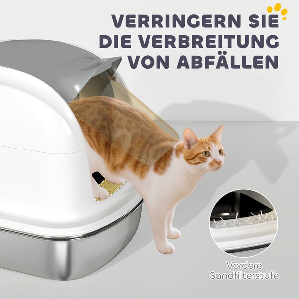 PawHut Lettiera in acciaio inox con coperchio, toilette per gatti con vaschetta, paletta, per gatto fino a 5 kg, 52,4 x 41,3 x 42 cm, Bianco | Aosom Italy