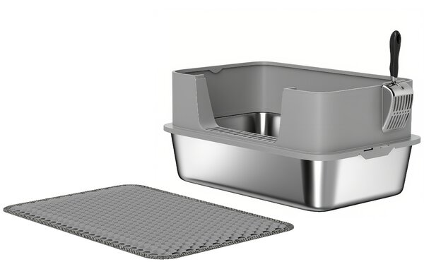 PawHut Lettiera per Gatti in Acciaio Inossidabile Apribile con Paletta, Bordo Alto e Tappetino per gatti fino a 7 kg 60,2 x 40,2 x 29,5 cm, Grigio | Aosom Italy
