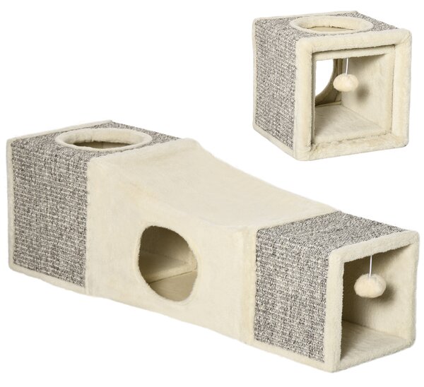 PawHut Tunnel per Gatti Pieghevole con Casette, Tiragraffi e Pallina in Peluche e Sisal, Crema
