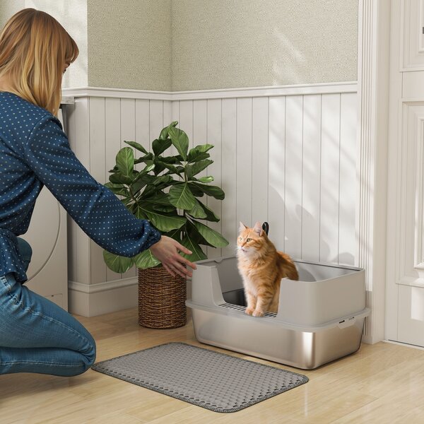 PawHut Lettiera per Gatti in Acciaio Inossidabile Apribile con Paletta, Bordo Alto e Tappetino per gatti fino a 7 kg 60,2 x 40,2 x 29,5 cm, Grigio | Aosom Italy