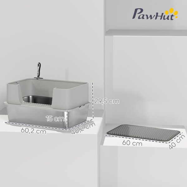 PawHut Lettiera per Gatti in Acciaio Inossidabile Apribile con Paletta, Bordo Alto e Tappetino per gatti fino a 7 kg 60,2 x 40,2 x 29,5 cm, Grigio | Aosom Italy