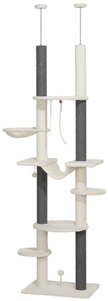 PawHut Albero tiragraffi, a soffitto alto, regolabile 225-255 cm, piattaforme & Amache, Dispositivo Anti-Ribaltamento, Bianco | Aosom Italy