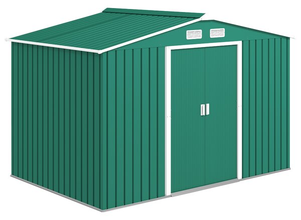 Outsunny Capanno da Giardino con Doppie Porte Scorrevoli in Lamiera di Acciaio, Casetta Attrezzi in Acciaio, 277x195x192 cm, Verde | Aosom Italy