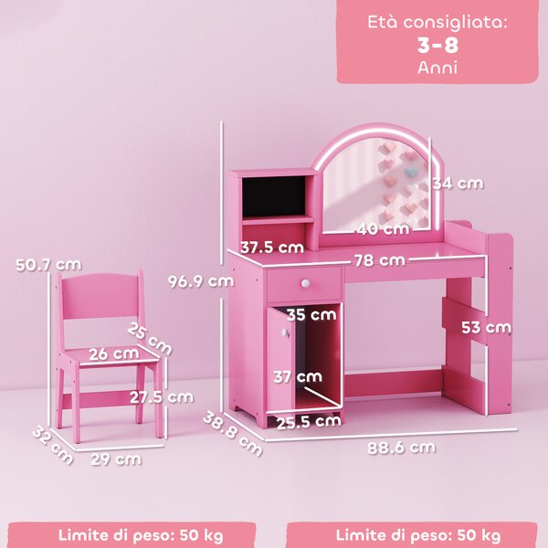 AIYAPLAY Set Toeletta Trucco per Bambini 2 in 1 con Specchio, Sedia, Luce LED, Armadietto, Scaffali e Libreria, Rosa | Aosom Italy
