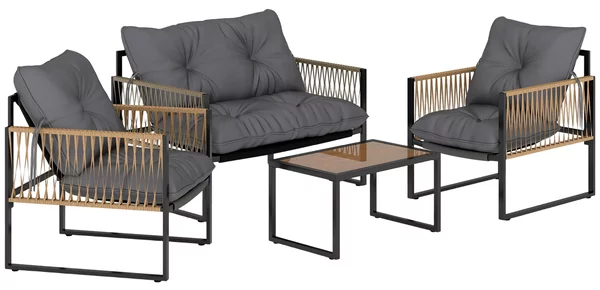 Outsunny Set da Giardino Esterno in Rattan Sintetico con 2 Poltrone 1 Divano 2 Posti 1 Tavolino da Centro e Cuscini Grigio | Aosom Italy