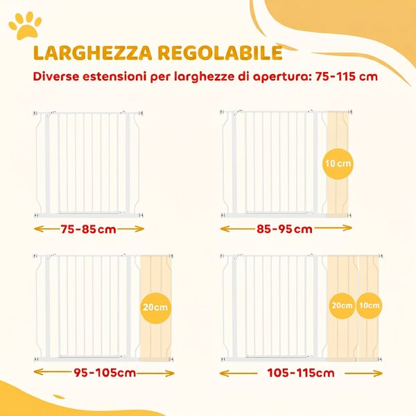 PawHut Cancelletto di Sicurezza per Cani in Acciaio e ABS, Estensibile 75-115cm per Scale e Porte, Bianco|Aosom