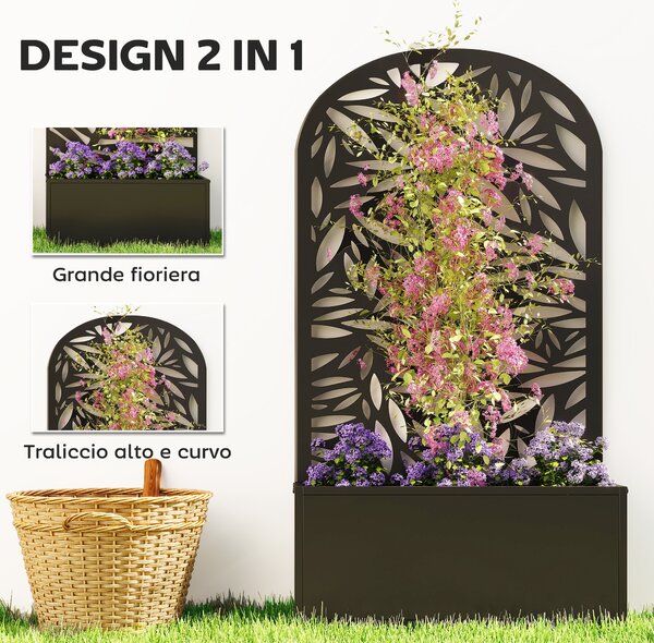 Outsunny Fioriera con Traliccio ad Arco per Rampicanti e Fori di Drenaggio, in Metallo, 61x23x113 cm, Nero | Aosom Italy