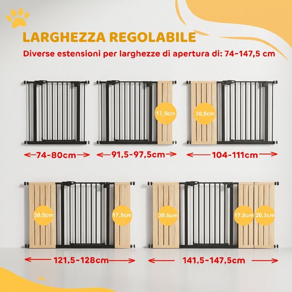 PawHut Cancellino per Cani e Animali Domestici 3 Estensioni Larghezza Regolabile Fino 147.5cm Chiusura Automatica, Nero|Aosom