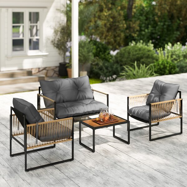 Outsunny Set da Giardino Esterno in Rattan Sintetico con 2 Poltrone 1 Divano 2 Posti 1 Tavolino da Centro e Cuscini Grigio | Aosom Italy