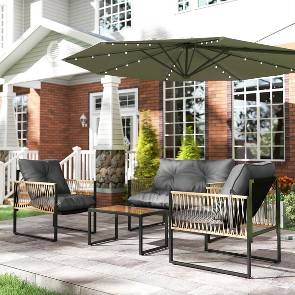 Outsunny Set da Giardino Esterno in Rattan Sintetico con 2 Poltrone 1 Divano 2 Posti 1 Tavolino da Centro e Cuscini Grigio | Aosom Italy
