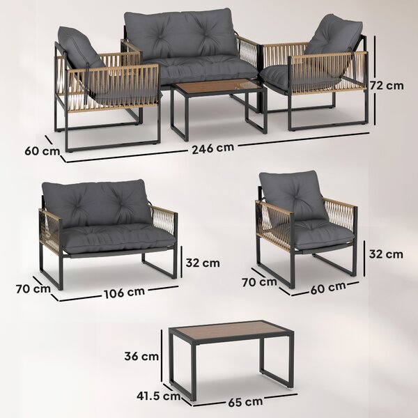 Outsunny Set da Giardino Esterno in Rattan Sintetico con 2 Poltrone 1 Divano 2 Posti 1 Tavolino da Centro e Cuscini Grigio | Aosom Italy