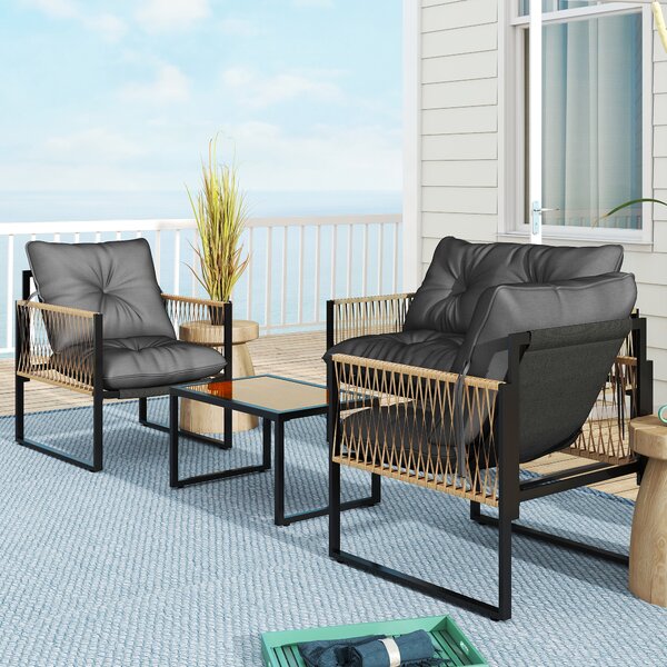 Outsunny Set da Giardino Esterno in Rattan Sintetico con 2 Poltrone 1 Divano 2 Posti 1 Tavolino da Centro e Cuscini Grigio | Aosom Italy