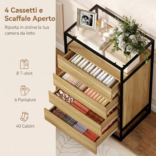 HOMCOM Cassettiera 4 Cassetti, Ripiano Aperto, Acciaio, Vetro Temperato | Aosom Italy