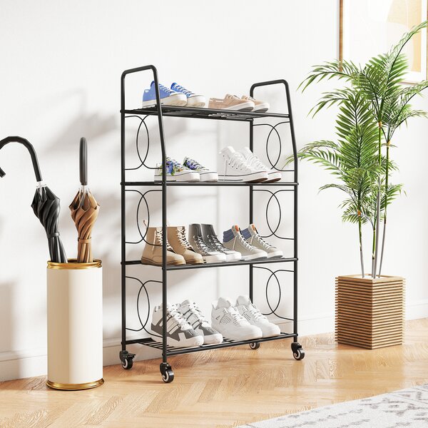 Outsunny Scaffale per fiori in metallo 4 livelli con ruote Interno ed Esterno, supporto per piante 67 x 29 x 114 cm Nero | Aosom Italy