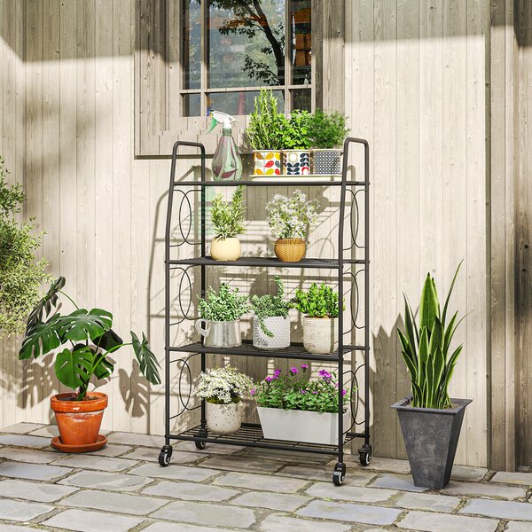 Outsunny Scaffale per fiori in metallo 4 livelli con ruote Interno ed Esterno, supporto per piante 67 x 29 x 114 cm Nero | Aosom Italy