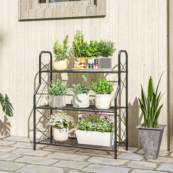Outsunny Portapiante a 3 Livelli per Interni ed Esterni in Metallo, 69x28.5x78 cm, Nero | Aosom Italy