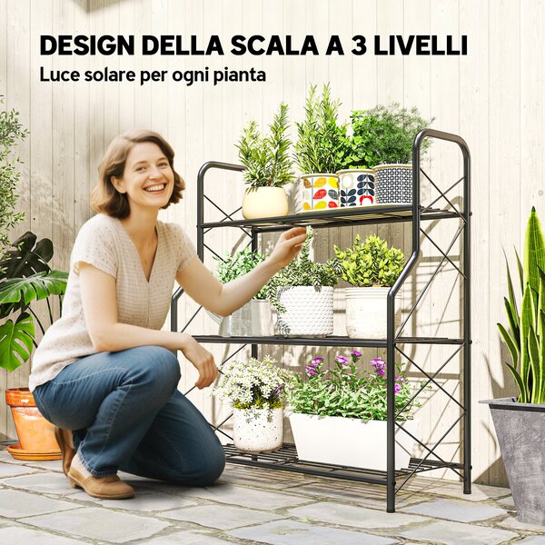 Outsunny Portapiante a 3 Livelli per Interni ed Esterni in Metallo, 69x28.5x78 cm, Nero | Aosom Italy