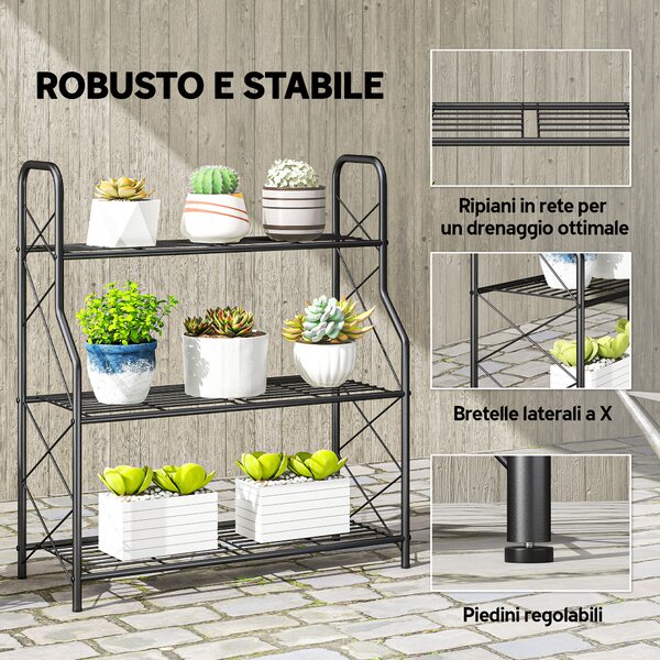Outsunny Portapiante a 3 Livelli per Interni ed Esterni in Metallo, 69x28.5x78 cm, Nero | Aosom Italy