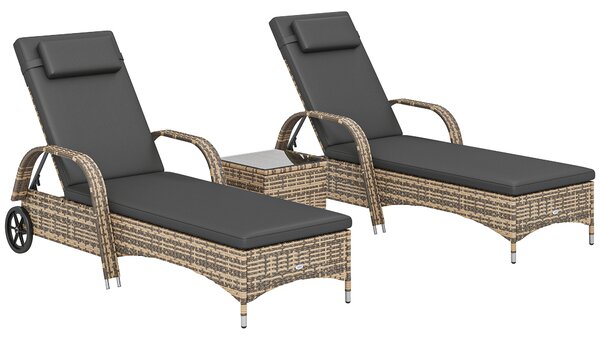 Outsunny Set di 2 lettini prendisole : materassi, poggiatesta, inclinazione regolabile, ruote + tavolino con vetro temperato grigio scuro | Aosom Italy