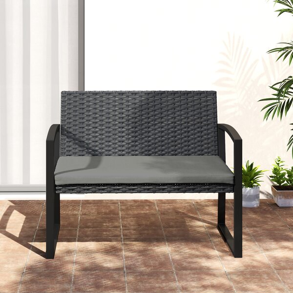 Outsunny Panca da giardino 2 posti, panca da esterno in resina intrecciata PE con cuscino, acciaio galvanizzato, 103x58x78cm, grigio e nero | Aosom Italy