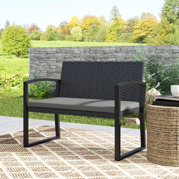 Outsunny Panca da giardino 2 posti, panca da esterno in resina intrecciata PE con cuscino, acciaio galvanizzato, 103x58x78cm, grigio e nero | Aosom Italy