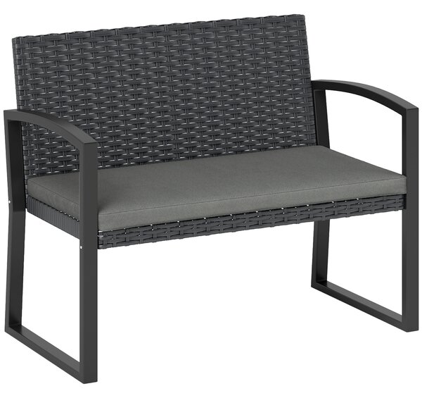 Outsunny Panca da giardino 2 posti, panca da esterno in resina intrecciata PE con cuscino, acciaio galvanizzato, 103x58x78cm, grigio e nero | Aosom Italy