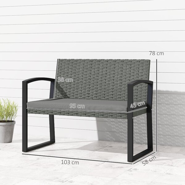 Outsunny Panca da giardino 2 posti, panca da esterno in resina intrecciata PE con cuscino, acciaio galvanizzato, 103x58x78cm, grigio e nero | Aosom Italy