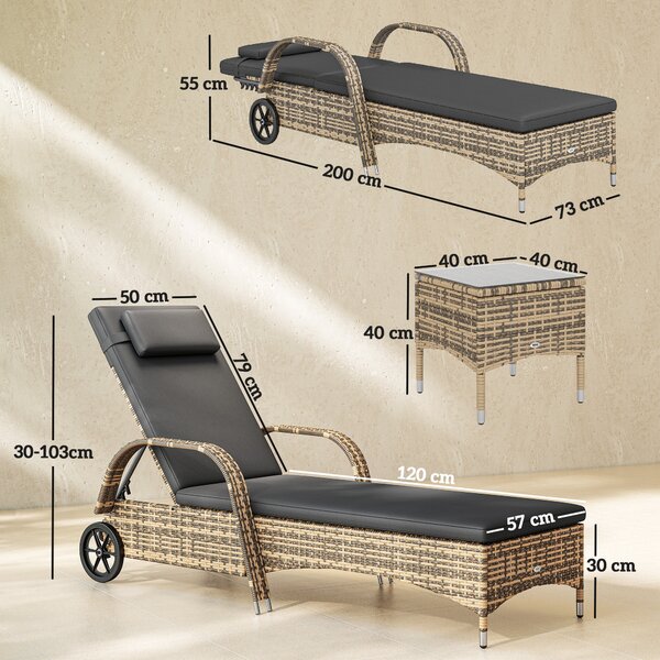 Outsunny Set di 2 lettini prendisole : materassi, poggiatesta, inclinazione regolabile, ruote + tavolino con vetro temperato grigio scuro | Aosom Italy