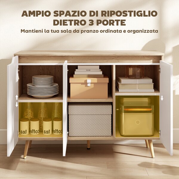 HOMCOM Credenza Moderna a 3 Ante con 3 Ripiani Regolabili e 5 Gambe in Legno, 107x35x76.5 cm, Bianco e Rovere | Aosom Italy