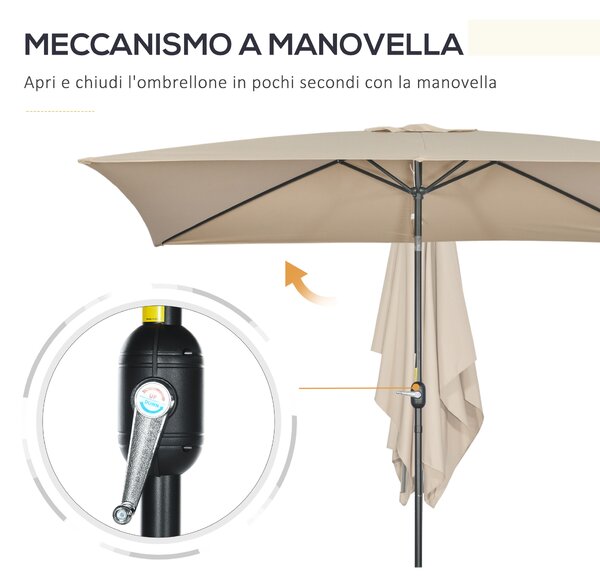 Outsunny Ombrellone Rettangolare 2x3 m Pieghevole e Regolabile con Manovella, in Alluminio e Poliestere, Cachi | Aosom Italy