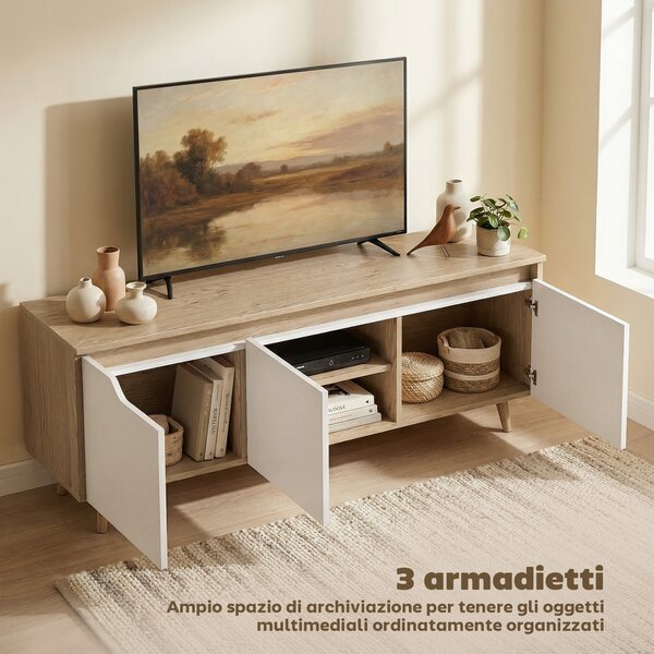 HOMCOM Mobile TV 55" max a 3 Sezioni con Ripiano Regolabile, in Legno, 120x35x45.5 cm, Bianco e Rovere | Aosom Italy