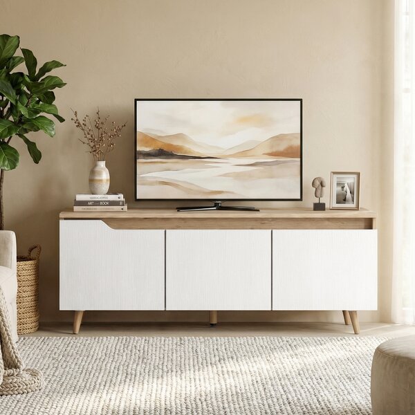 Mobile TV 55" Max a 3 Sezioni 120x35x45,5 cm con Ripiano Regolabile in Legno Bianco e Rovere