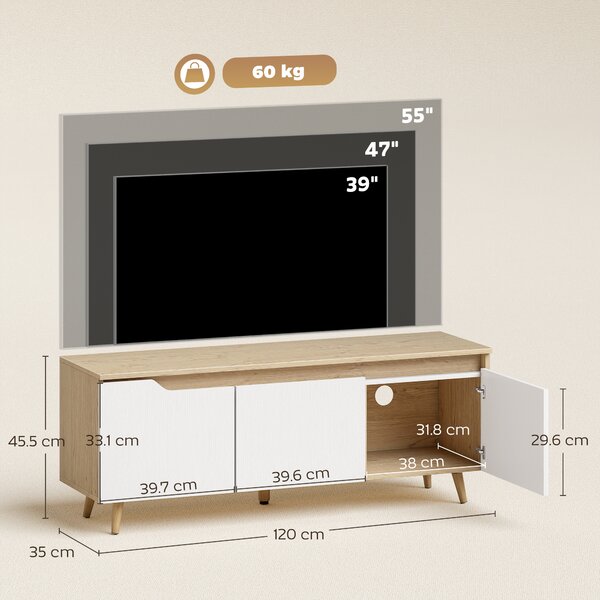 HOMCOM Mobile TV 55" max a 3 Sezioni con Ripiano Regolabile, in Legno, 120x35x45.5 cm, Bianco e Rovere | Aosom Italy